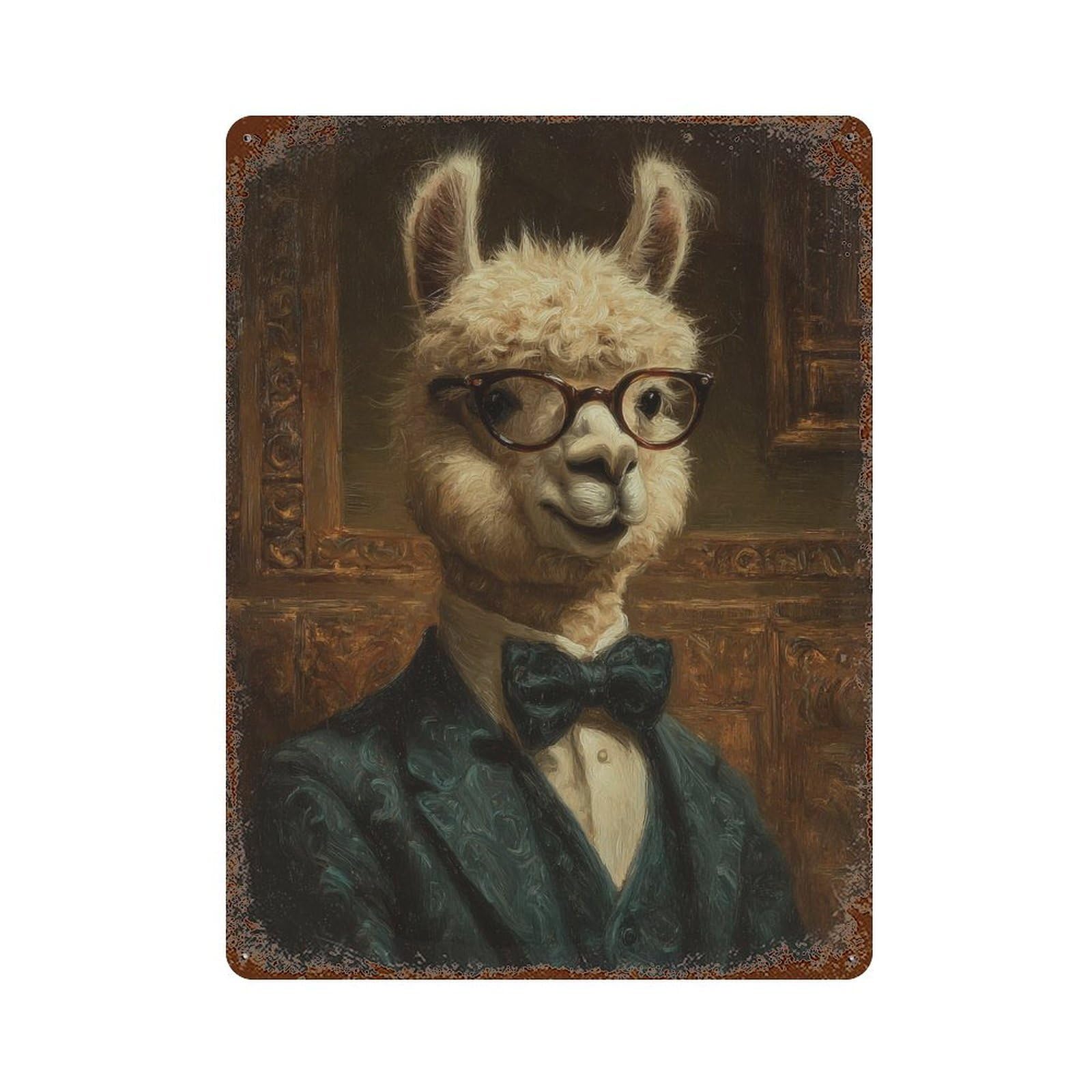 Alpaca in Suit with Bow Tie 15.7"x11.8" Distressed Metal Wall Sign, Retro Wall Decor for Garage, Bar And Workshop Decor