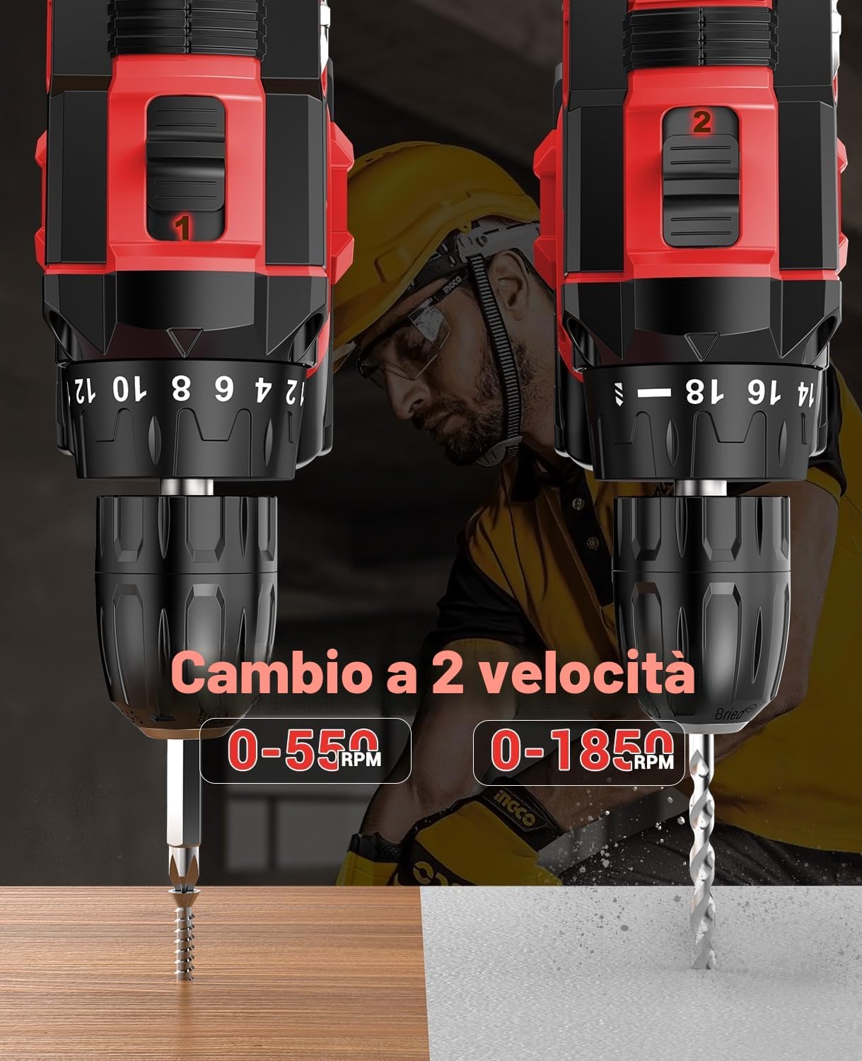 MHPRO 21V Cordless Drill Driver showing two speed settings: 0-550 RPM for screwdriving and 0-1850 RPM for drilling.