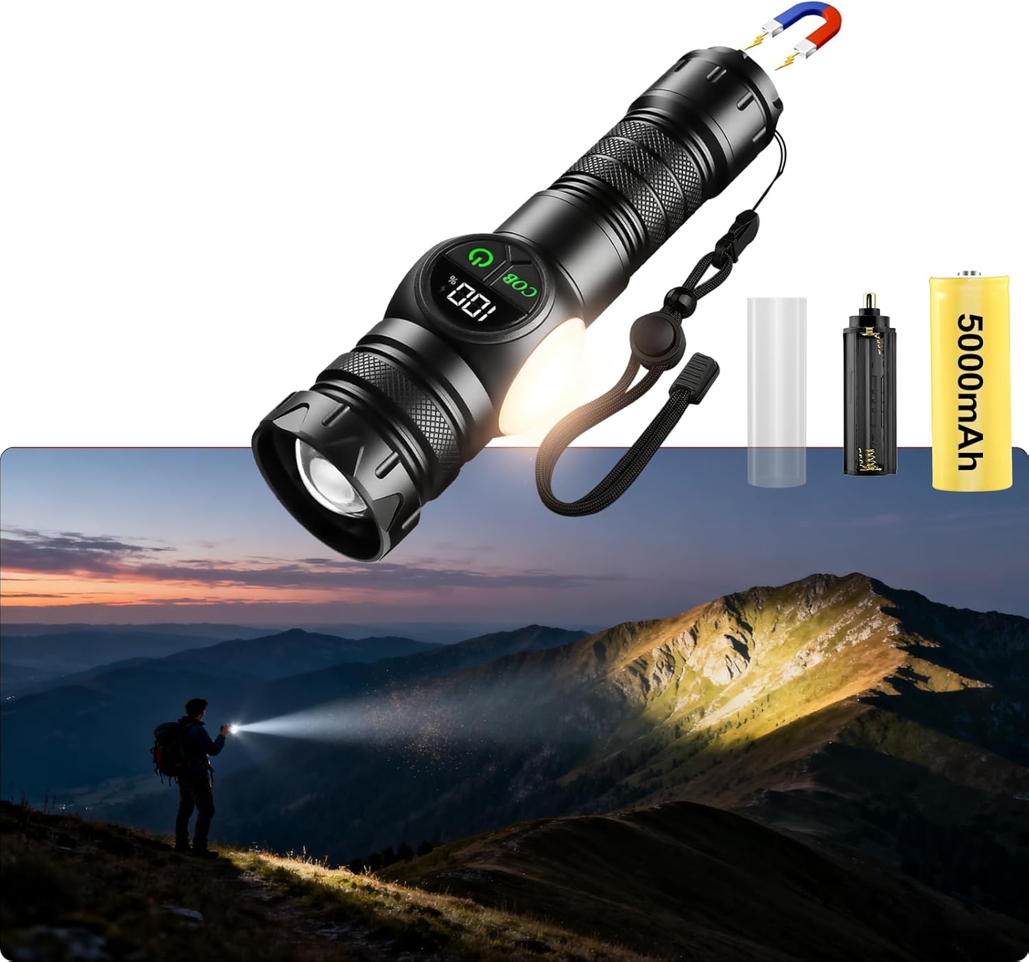iodoo 3 in 1 Rechargeable Flashlight True 5000 Lumens Outdoor Strong Cob Light, 5000mAh Zoomable Beam LED Flash Light with Magnet Power Failure Emergency Survival Kits Snowstorm (Standard)