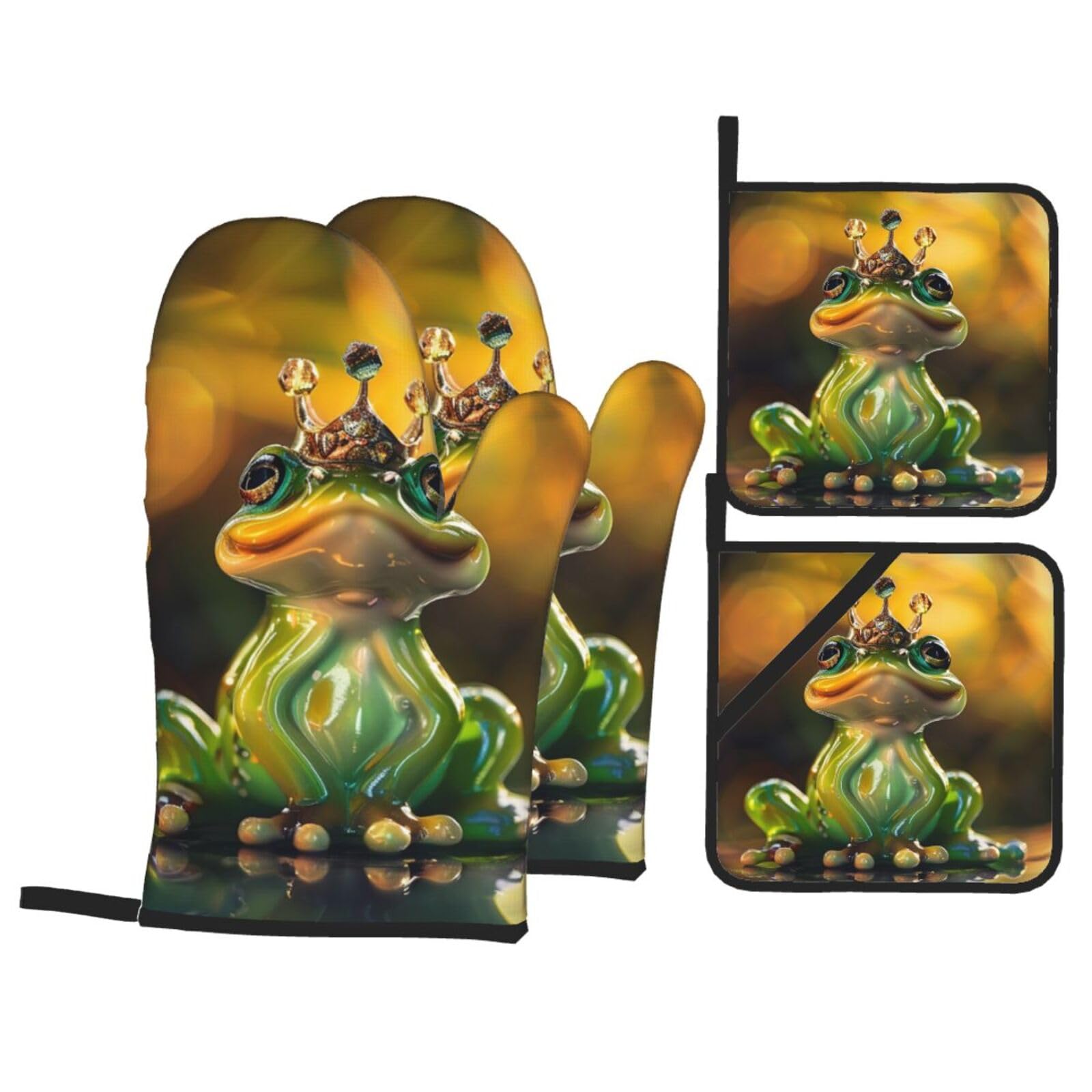 Oven Mitts and Pot Holders Set of 4 Heat Resistant Non-Slip Kitchen Gloves Hot Pads Crown Statue Frog Oven Mitts Kitchen Mittens Gloves Non-Slip Potholders for Cooking Baking Grilling BBQ