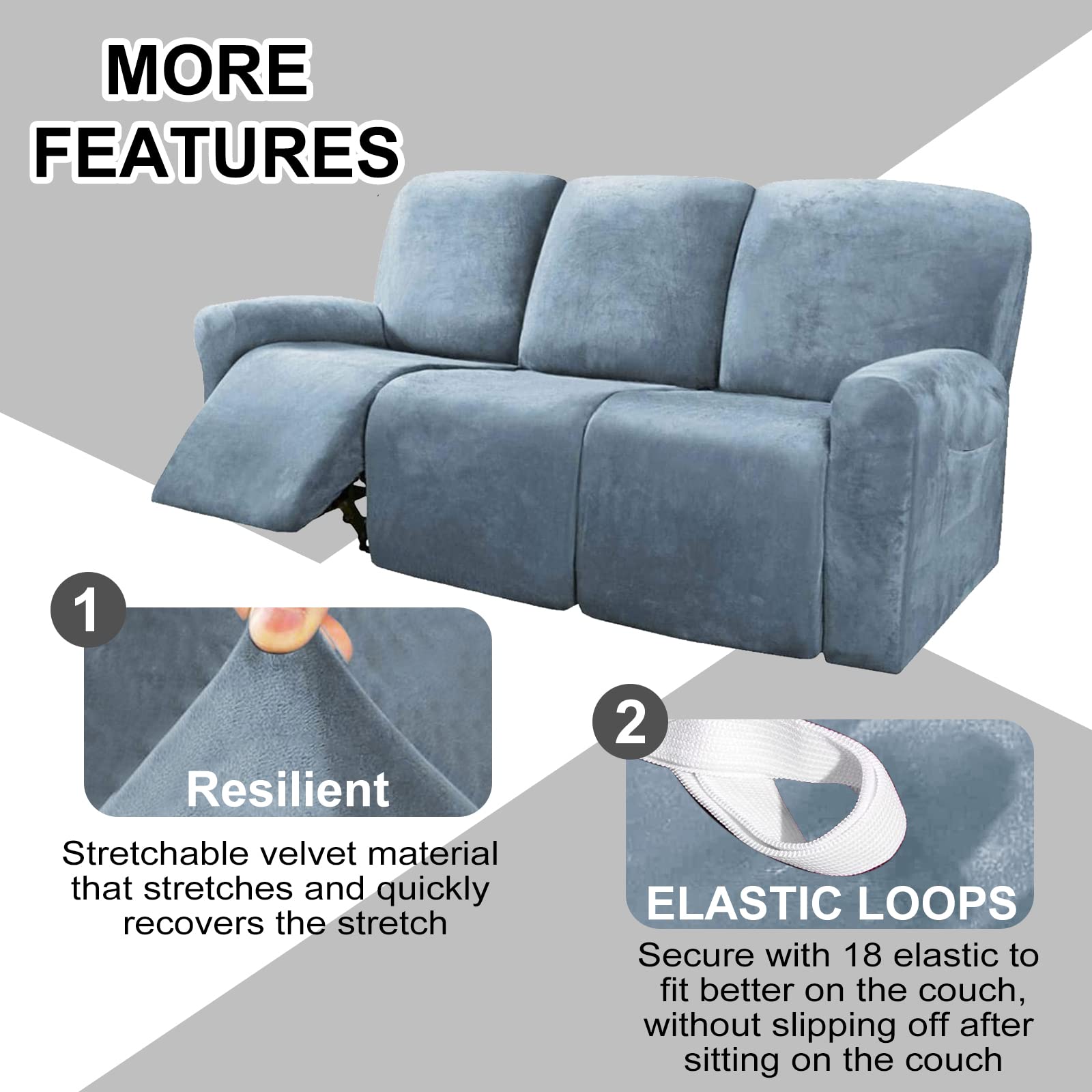Honeyhouse Funda de sofá Relax de 3 plazas, Funda de sillón reclinable de Terciopelo Extensible de 8 Piezas, Funda para sofá Relax de 3 plazas con Bolsillo Lateral Antideslizante, Lavable