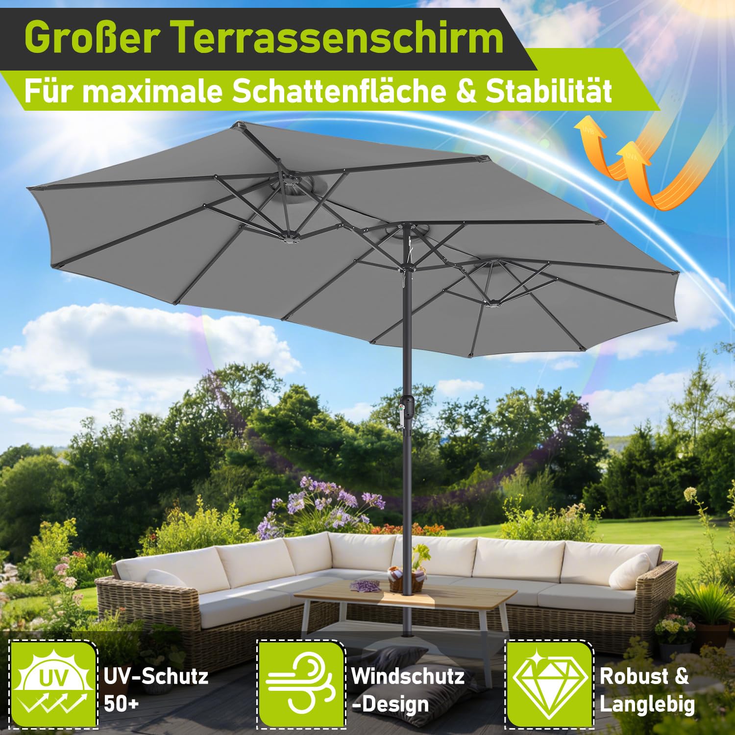 Podwójny parasol przeciwsłoneczny, prostokątny, 464 x 279 cm, z korbą ręczną, duży parasol ogrodowy, na taras, 12 stalowych żeber, ochrona przed promieniowaniem UV 50+, wiatroszczelny, szary