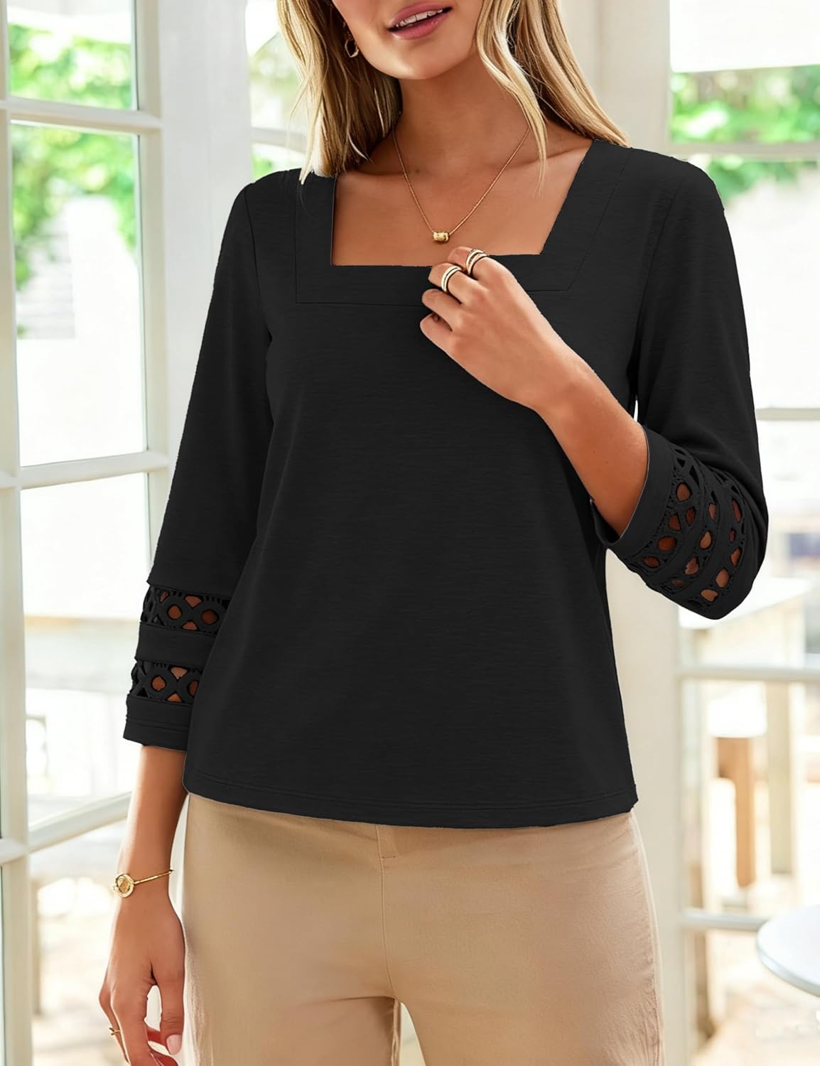 Women's 3/4 Sleeve Tops Square Neck Dressy Casual T-Shirt 2025 Trendy Fashion Business Shirt Fall Basic Tee Blouse - Image 6