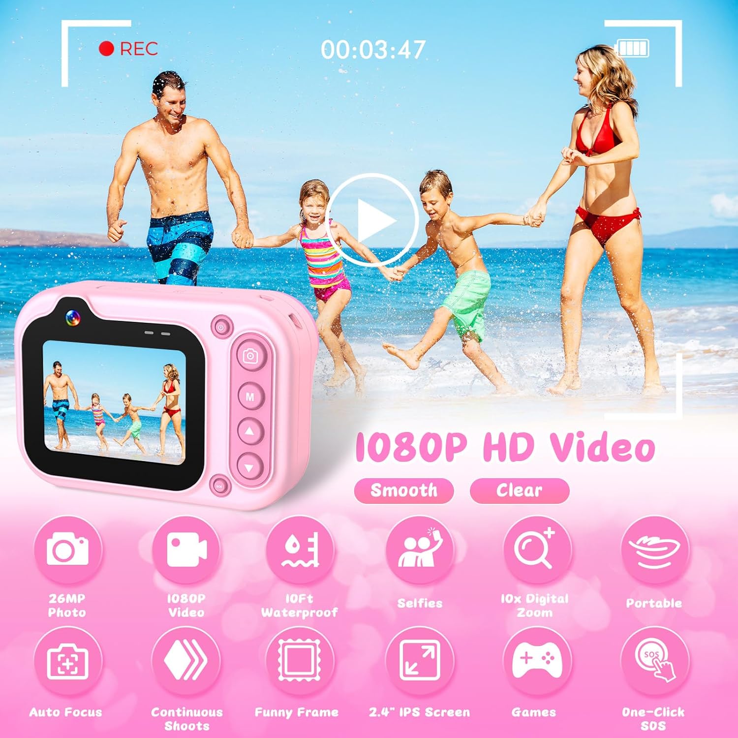 Kids Waterproof Camera 1080P HD 26MP Digital Camera Underwater Camera 10FT /3M, 10X Digital Zoom Children Waterproof for Kids Boys Girls Snorkeling, Swimming, Beach, Water Park - Pink