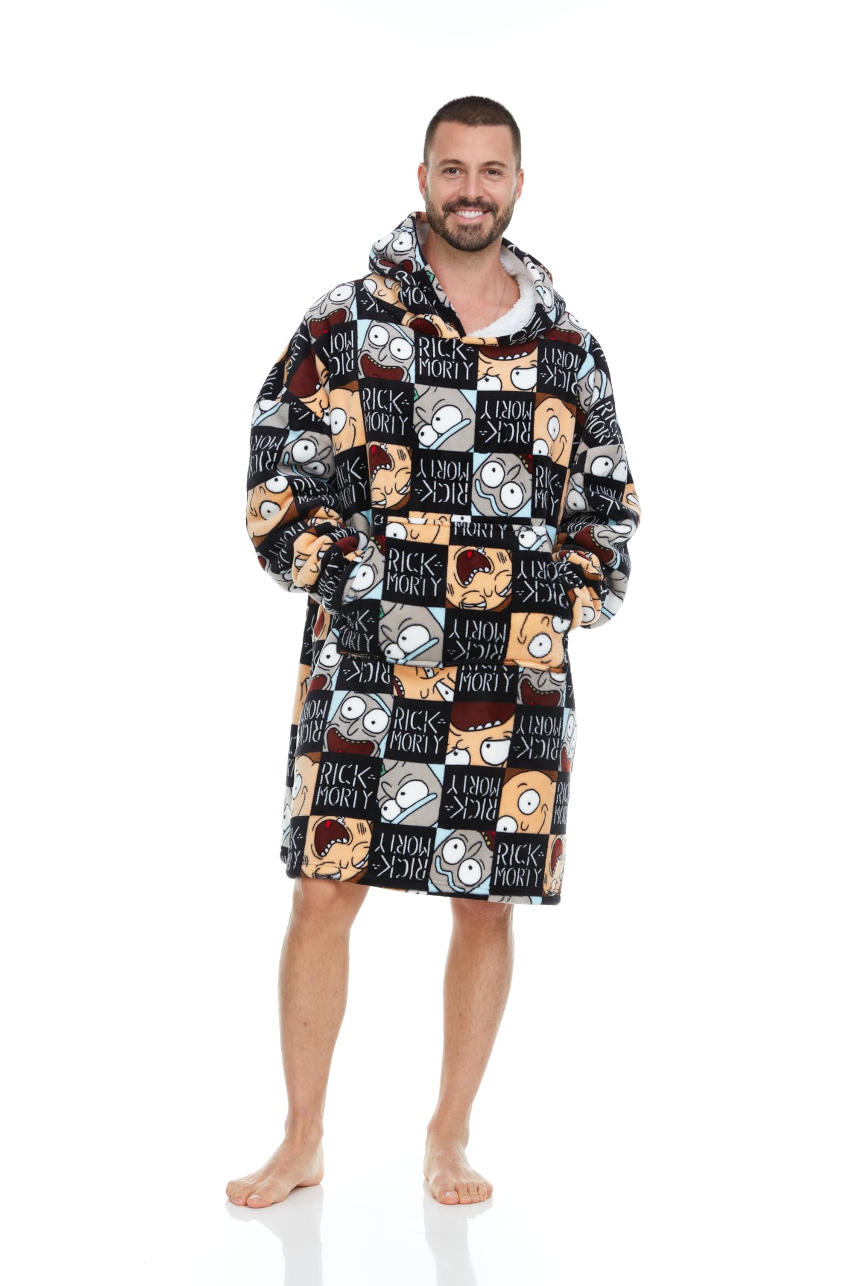 Coco Brands Rick and Morty Blanket Hoodie, Oversized, Wearable Hoodie with Pocket, Plush Fleece, Sherpa Lined, One Size, Checkerboard Faces, One size
