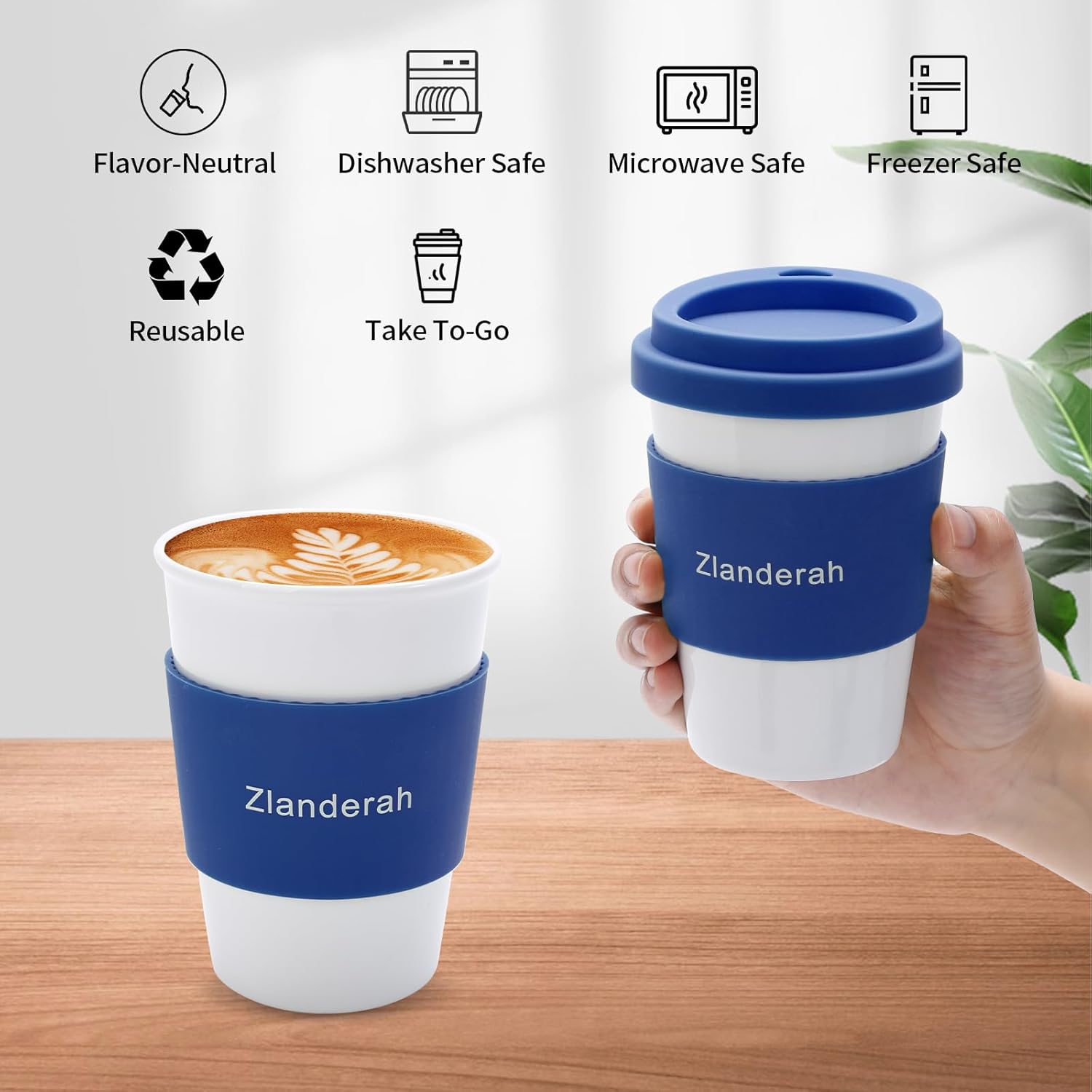 10oz White Ceramic Coffee Travel Mug with Lid and Sleeve, Simple Reusable Porcelain Drinking Cup, Ceramic Coffee Tumbler, Microwave & Dishwasher Safe (blue) - Image 5