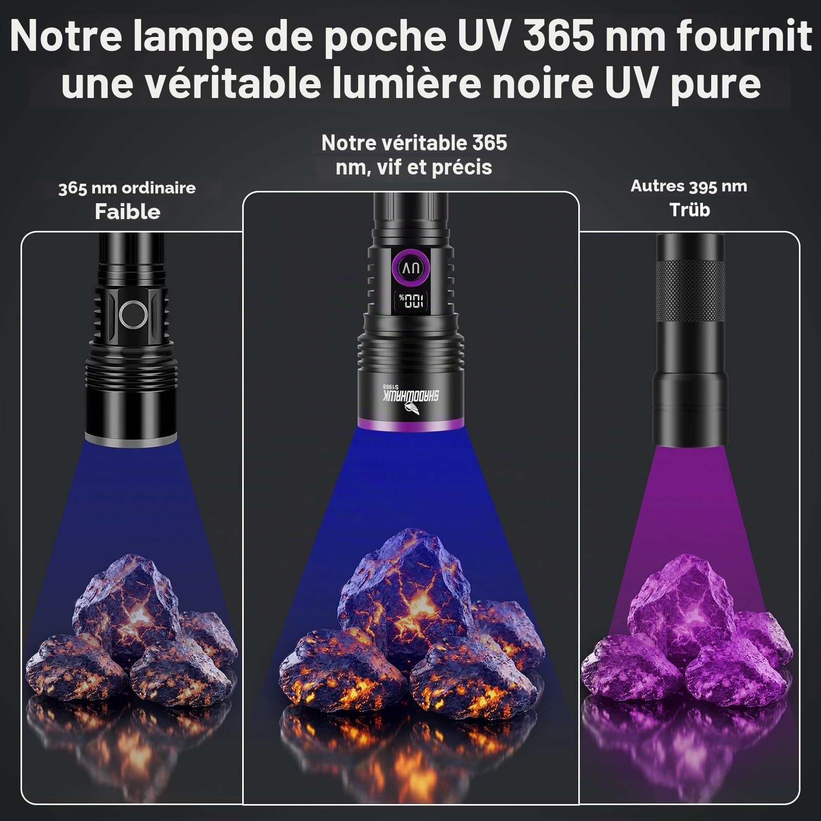 Shadowhawk Lumière noire 365 nm avec lentille filtrante – Lampe de poche UV 30 W à 4 cœurs rechargeable avec écran LCD, lampe UV pour recherche d'ambre, scorpions, test d'urine animale, durcissement