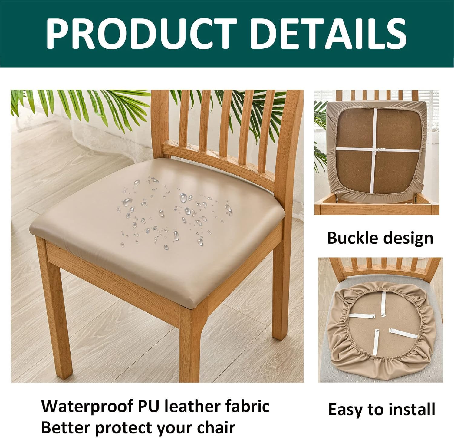 Waterproof Stretch Dining Chair Seat Covers, PU Leather Chair Covers with Removable Backrest Washable Chair Slipcovers for Dining Room(Cachi,6 PCS)