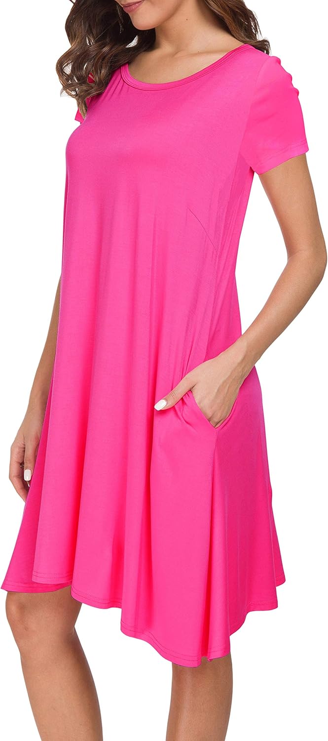Afibi Womens Short Sleeve Loose Pockets Dress Casual Swing T-Shirt Dresses - Image 2