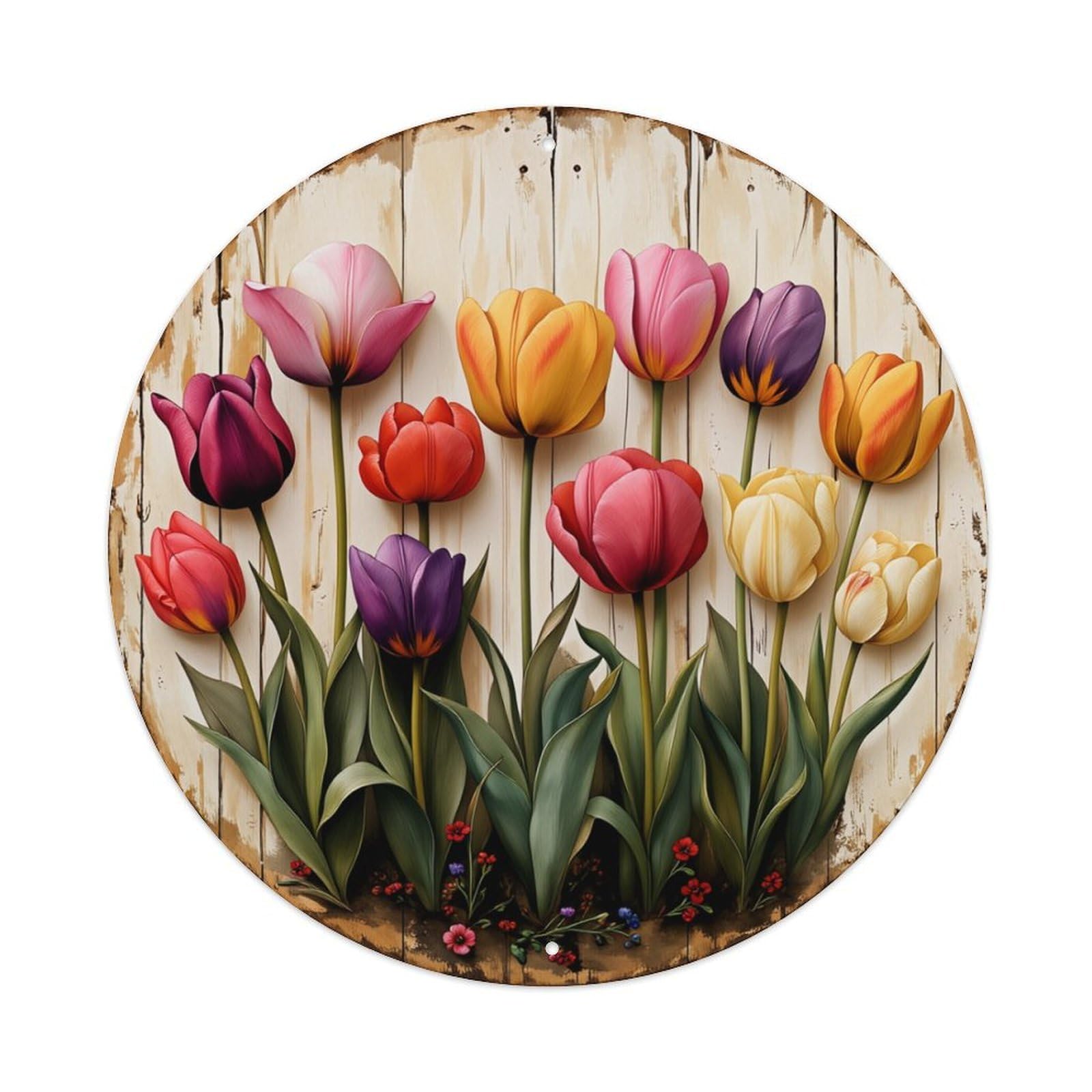 Colorful Tulips On Wood Background Round Tin Sign Retro Metal Sign for Cafe Bar Pub Home Game Room Gym Club Wall Decoration Vintage Metal Poster 8x8 Inch