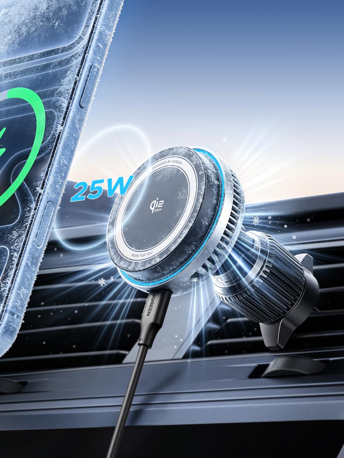 UGREEN Magflow Pro Uchwyt Samochodowy na Telefon z chłodzeniem 25W, Uchwyt Samochodowy MagSafe z Certyfikatem Qi2 i Funkcją ładowania Kompatybilny z serią iPhone 16-17 | Kompatybilny z iPhone 17/16/15/14/13/12 Pro Max Air Plus, chłodzenie TEC, cichy wenty