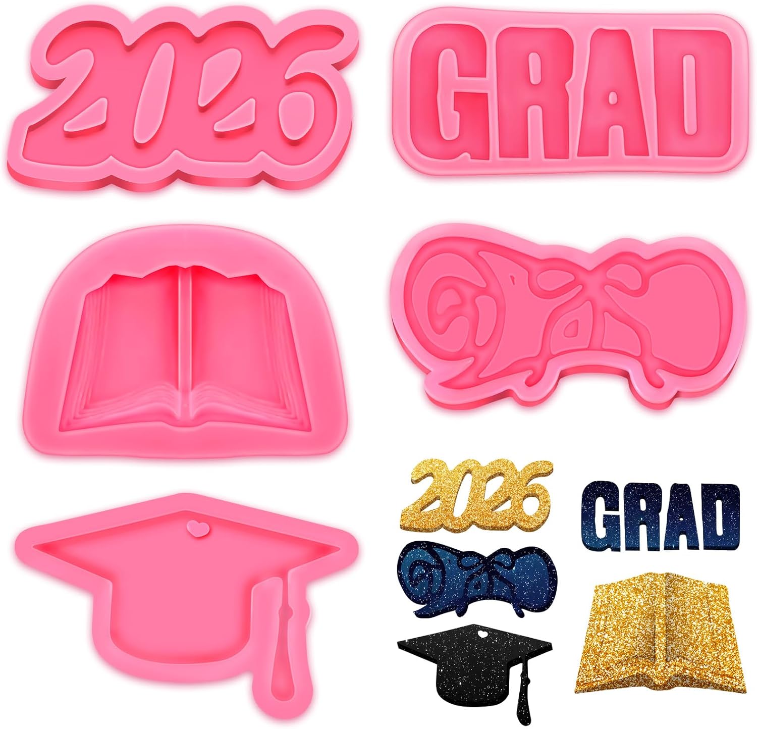 5 Pieces Silicone Graduation Mold Decorations 2026 Graduation Grad Cap Diploma Book Congrats Cupcake Toppers Silicone Baking Mold for Party Supplies