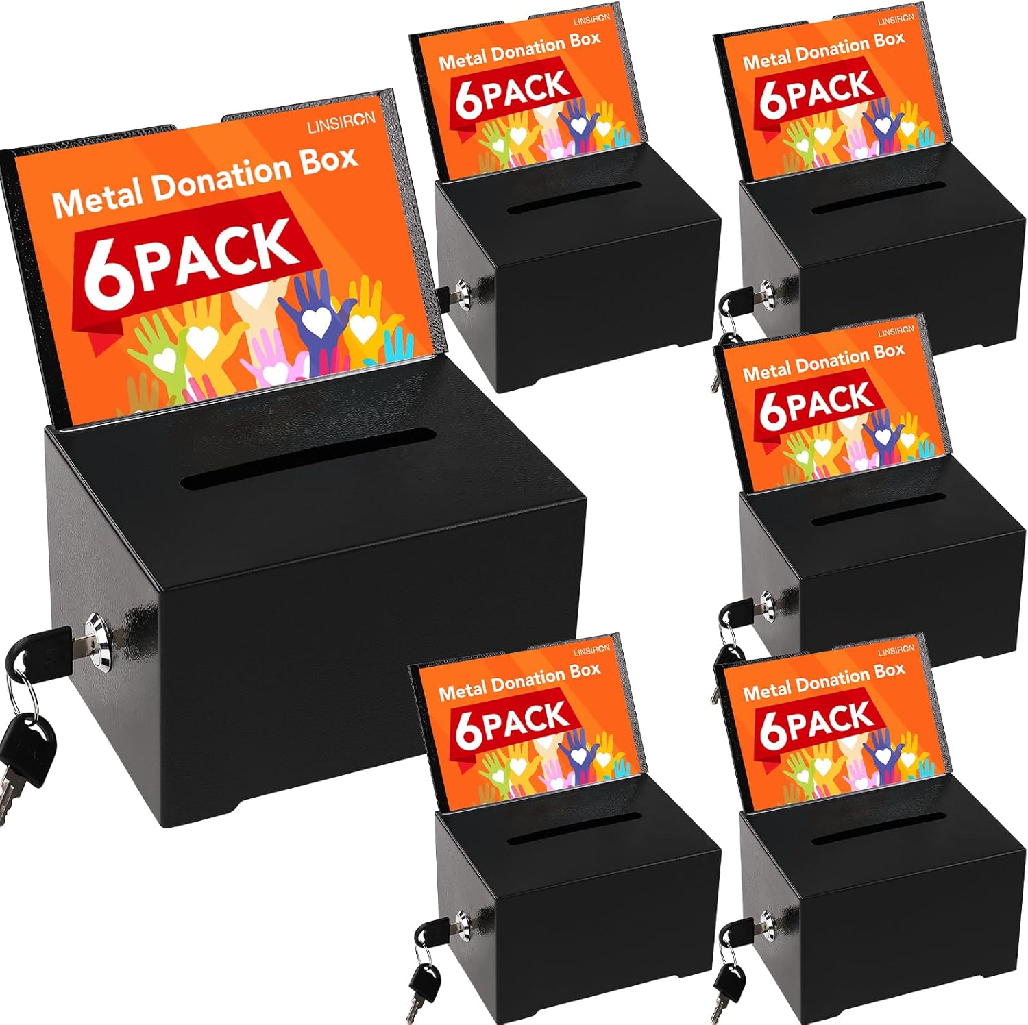 Suggestion Box with Slot and Lock, 6 Pack Metal Donation Box for Fundraising with Lock & Sign Holder, Black Tip Jar for Office, Fundraising, Church, School