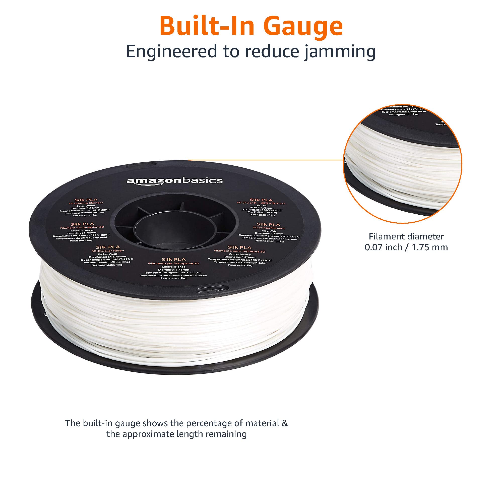 Amazon Basics, Filamento in PLA effetto seta per stampante 3D, 1.75 mm, in bobina da 1 kg, seta bianco sporco