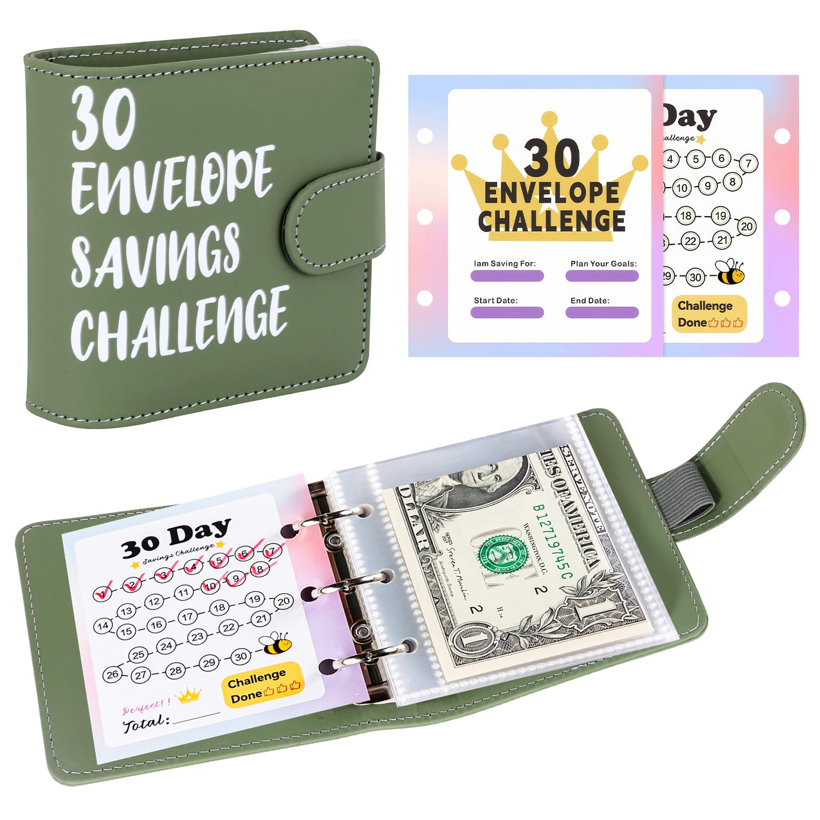 Sparbuch für Geld, 30 Tage Envelope Saving Challenge Geld Sparen Mappe mit 30 Geldumschlägen A8 Kinder Sparchallenge Budgetplaner, Geldspar Budgetordner für Kinder zum Sparen Erziehen, Grün