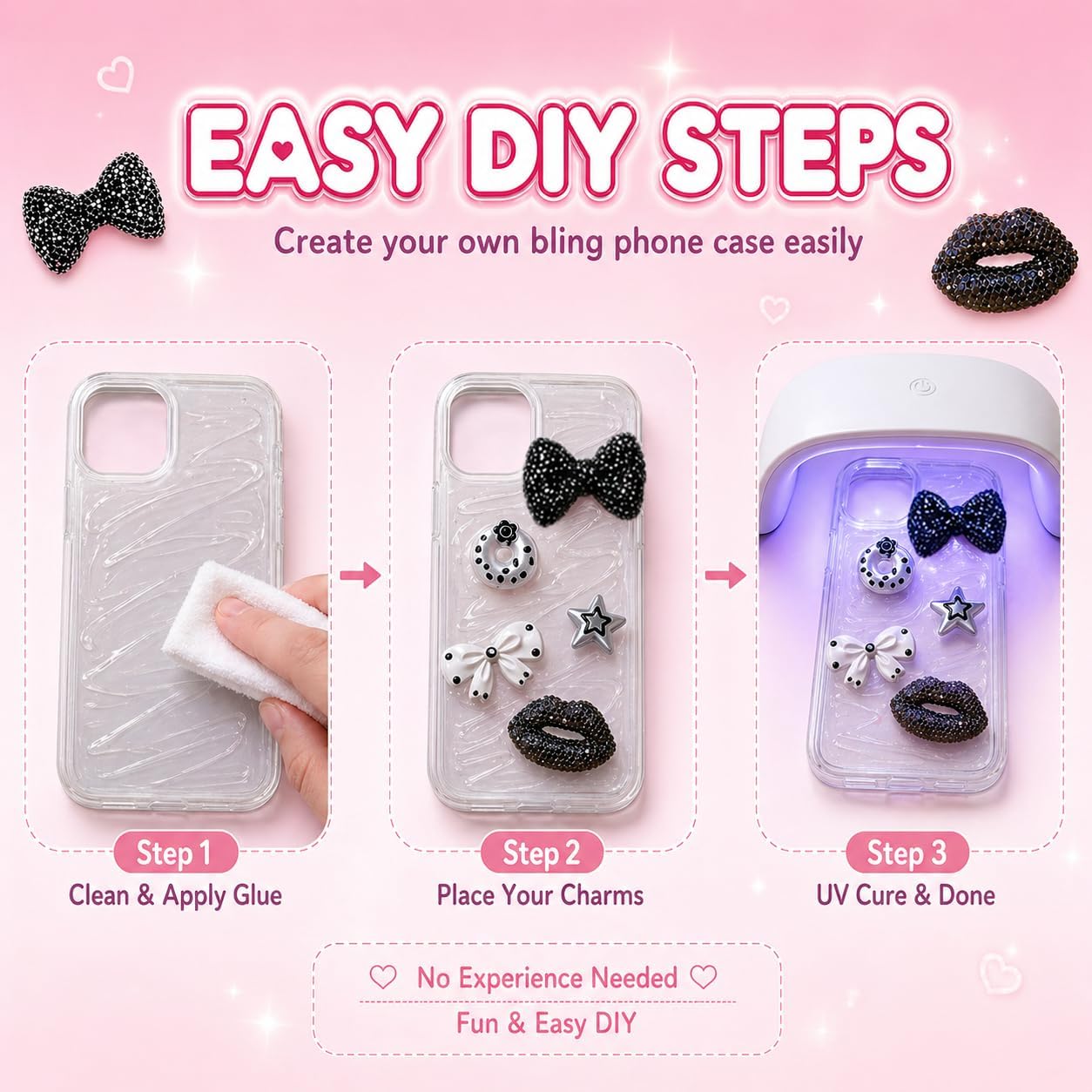 Black Junk Phone Case Charms Kit, Polka Dot Resin Alloy Pendant, Handmade Polymer Clay Beads for DIY Crafting Accessories