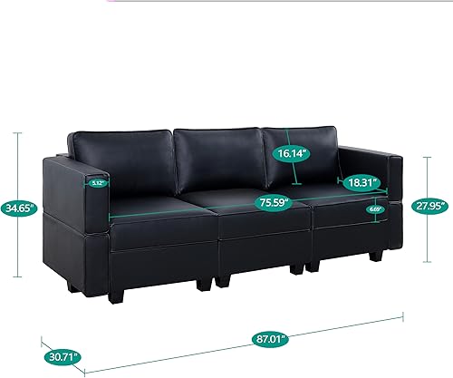 Miniatura 2 de Naomi Home Sofá Sarah de cuero negro Air, asiento ergonómico profundo con resortes helicoidales de bolsillo, muebles modulares modulares modernos