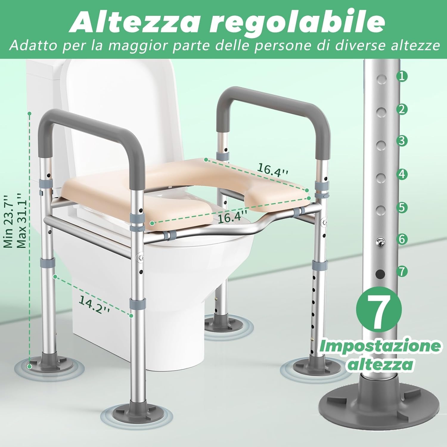Rialzo WC per Anziani, Alzata per WC Regolabile in Altezza Alzawater per Anziani, Comoda WC Alzata Water per Anziani con Seduta Imbottita e Telaio in Alluminio, Braccioli per WC