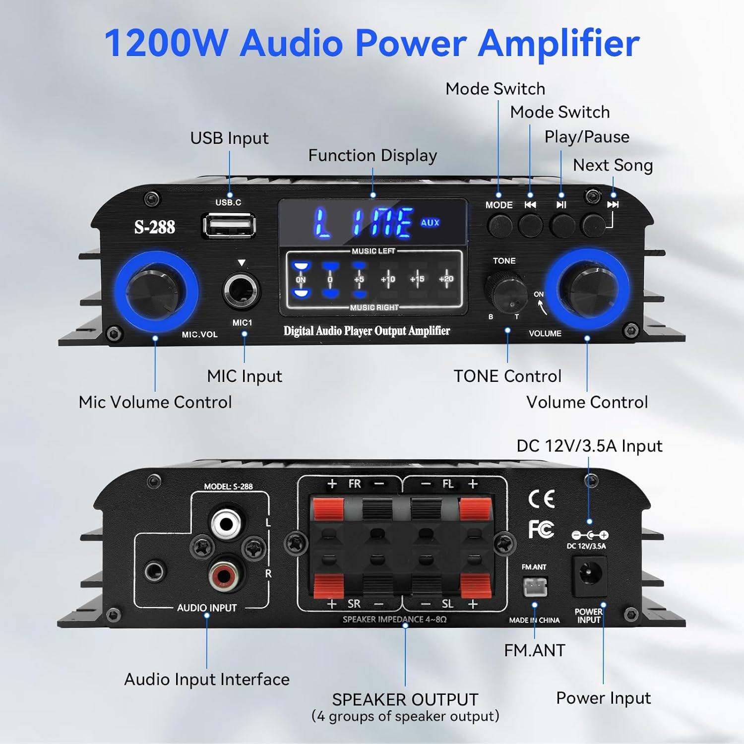 4 Channel Stereo Receivers Audio Home Amplifier Bluetooth 5.0, RMS 50Wx4 Max 1200W HiFi Power Amplifier, USB/SD/FM, Class D Home Audio Receiver for Home Theate