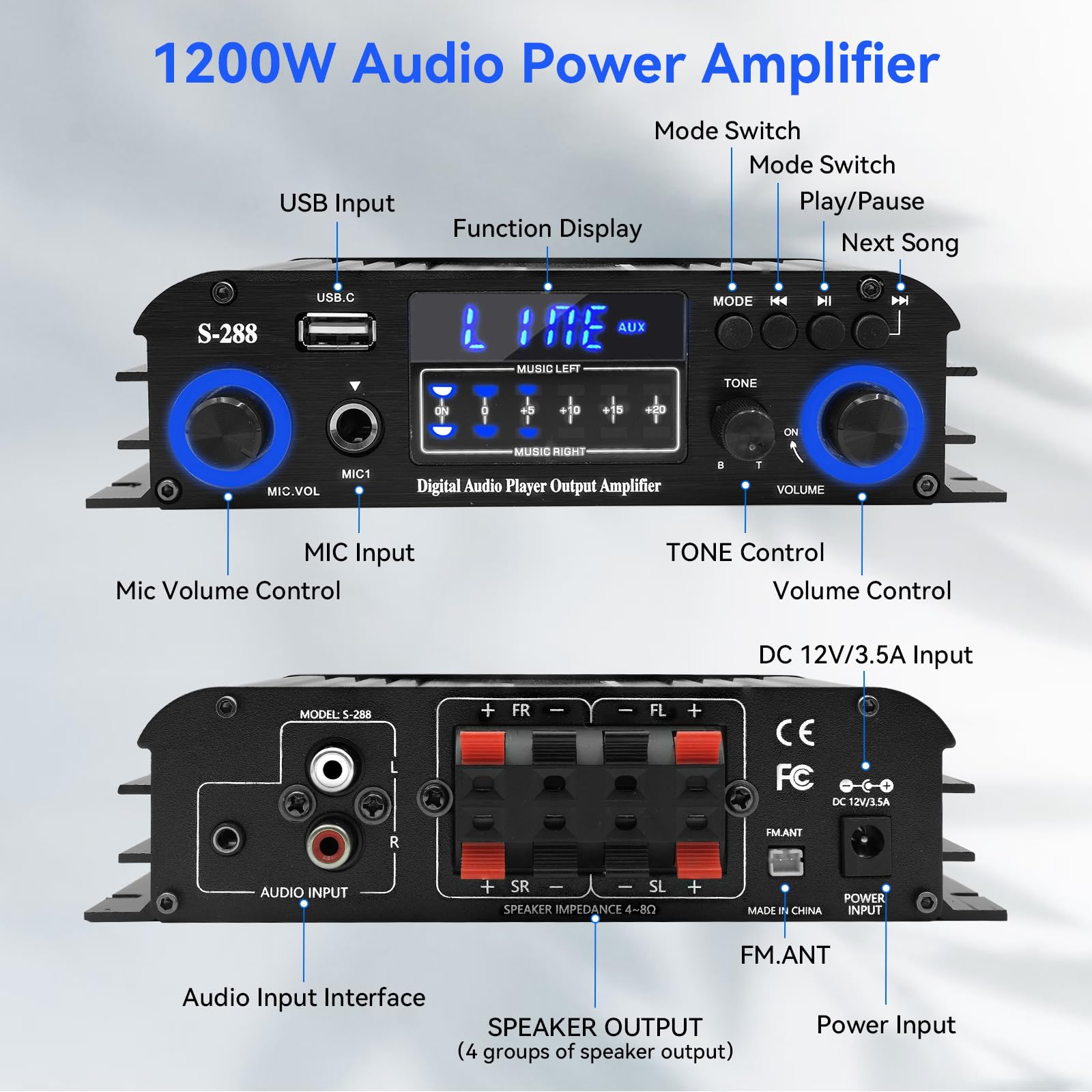 Ricevitori stereo a 4 canali Amplificatore audio domestico Bluetooth 5.0, RMS 50Wx4 Max 1200W HiFi amplificatore di potenza, USB/SD/FM, ricevitore audio domestico di classe D per Home Theate