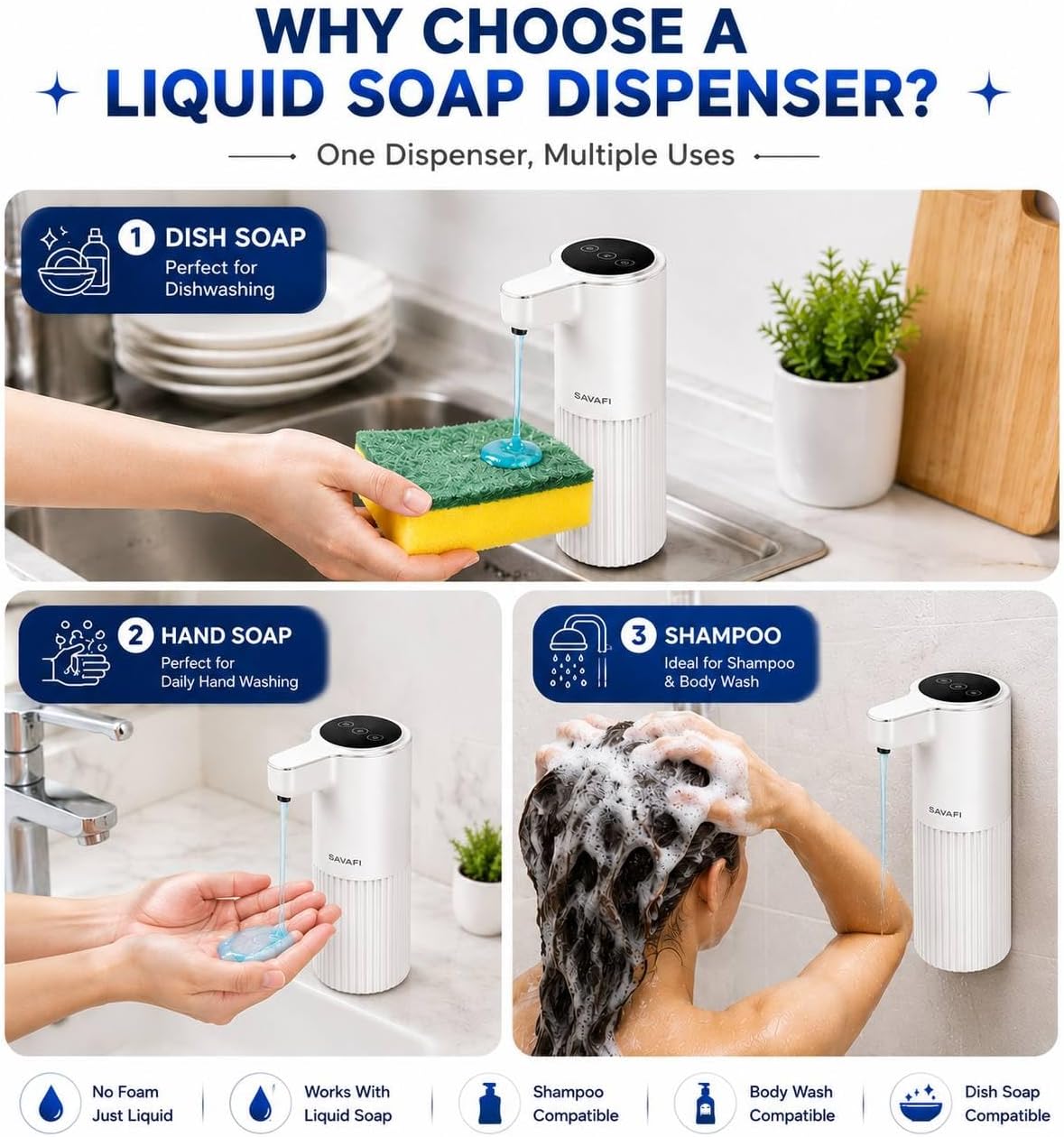 Touchless Automatic Soap Dispenser, Rechargeable Hands-Free Hand Soap Dispenser with Infrared Sensor, 4 Dispensing Modes, LCD Display, IPX5 Waterproof, 400ml for Bathroom & Kitchen – White | SAVAFI