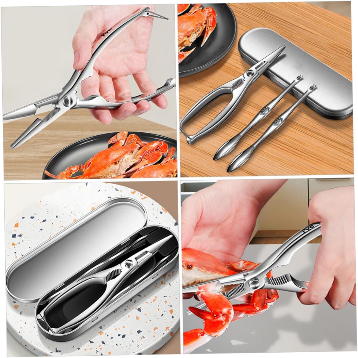Mikinona 1set Stainless Steel Crab Cracker Seafood Tools Ergonomic Design for Easy Shellfish Opening Includes Crab Forks and Crackers and Portable