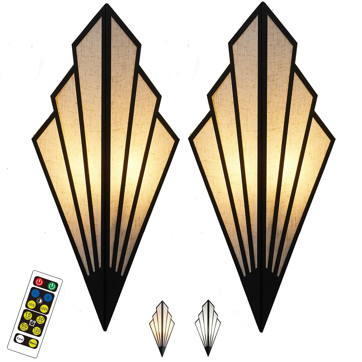 Battery Operated Wall Sconces Set of 2,Modern Wall Lamps,with Color Temperature Dimmable Remote Control,Non Hardwired Sconce,Art Deco Lighting Fixture,for Bedroom Bedside (BlackTwo Color Temp)