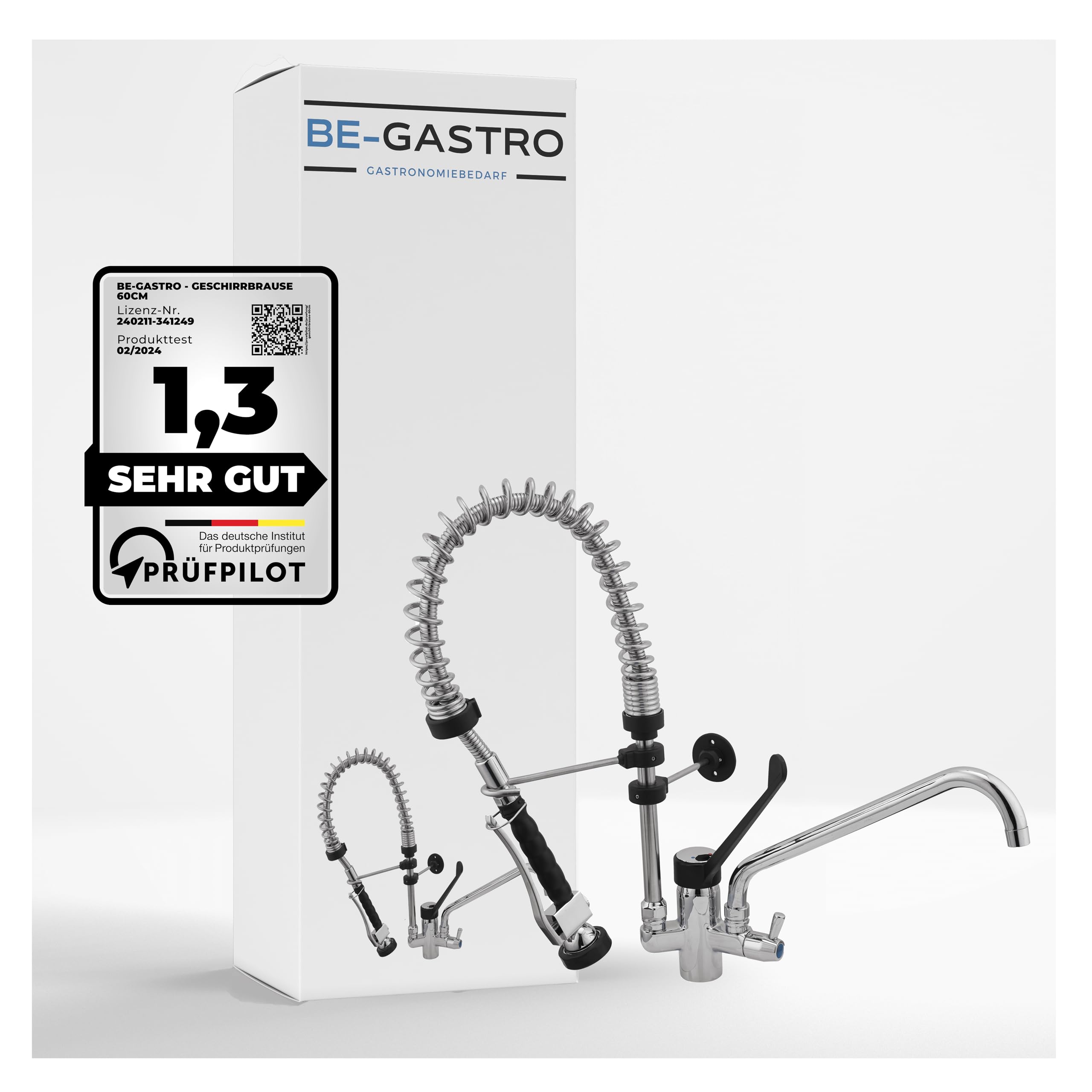 BE-GASTRO I Grifo Industrial Hostelería - Alcachofa de ducha (incluye grifo, grifo mezclador y mango ergonómico de palanca larga, alcachofa gastronómica con accesorios (60 cm)