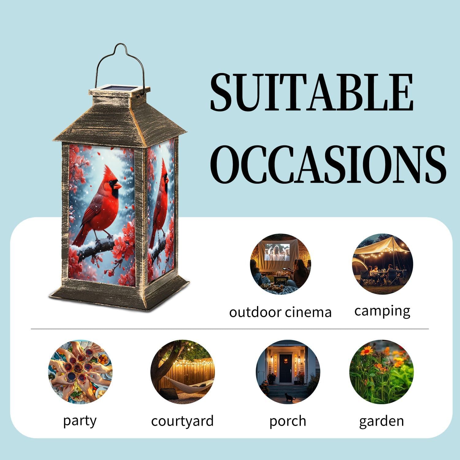 Solar Lantern Red Cardinal Bird Perched Snowy Branch Red Blossoms Winter Scene Garden Hanging Lantern Waterproof Solar Powered Lighting Outdoor Table Lamp for Deck Yard Camping Patio Decor