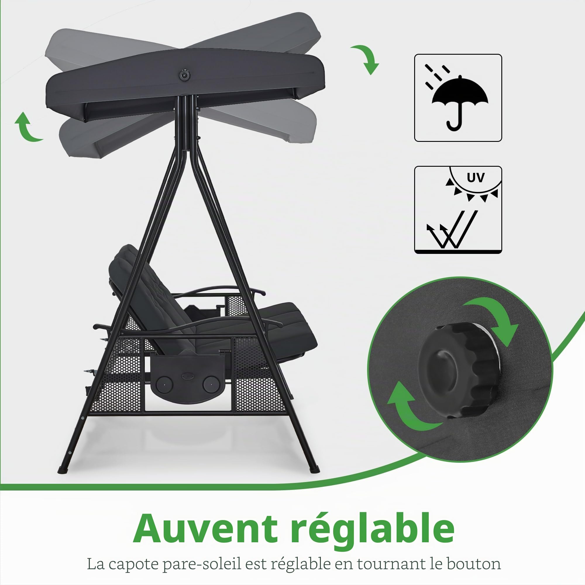 M MCombo Balançoire hollywoodienne 3 Places, 4093 avec Fonction de Couchage, Toit Solaire réglable & Porte-Boisson, balançoire de Jardin jusqu'à 360kg de Charge, Banc de balançoire Outdoor