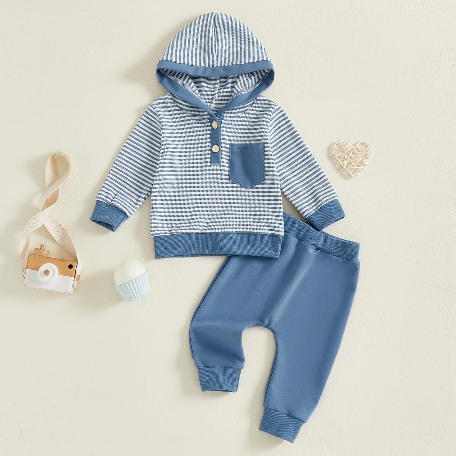 Toddler Baby Boy Fall Winter Clothes Striped Waffle Button Long Sleeve Hoodie Sweatshirt Top and Pants Set - Image 3