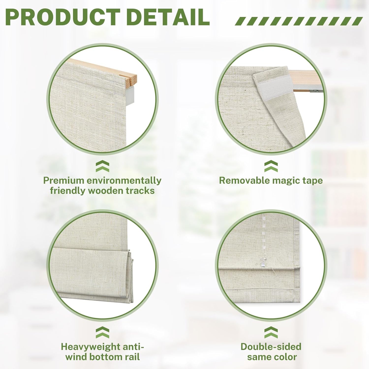 MiLin No Drill Roman Shades for Windows, Cordless Wooden Track Roman Blinds, Light Filtering Fabric Blinds for Indoor Windows Easy Install (Light Filtering - Linen Natural, Custom Size)