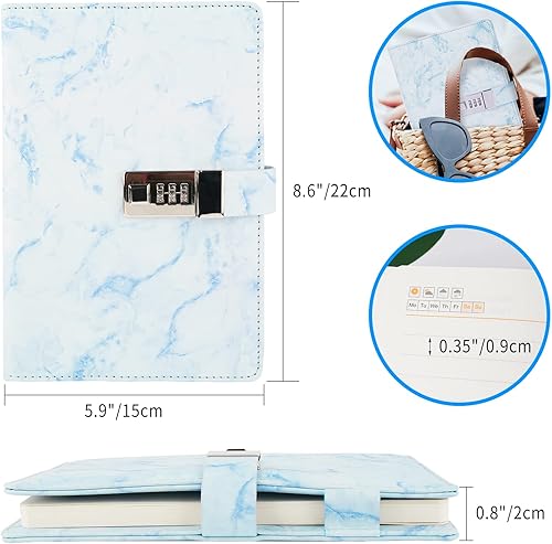 Miniatura 5 de Diario de mármol con cerradura y bolígrafo, diario A5 recargable para niñas y mujeres, 192 páginas, bonito cuaderno con cerradura de combinación y
