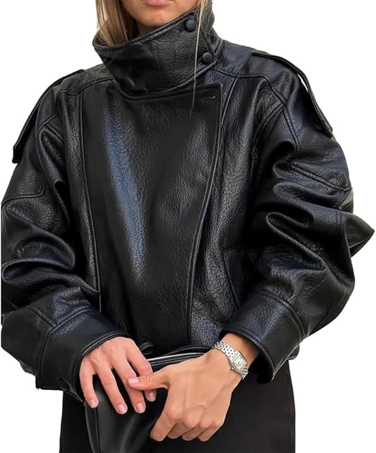 Womens Faux Leather Jacket Stand Collar Oversize Pebbled Zip Up Crop Jackets Winter Motorcycle Jacket