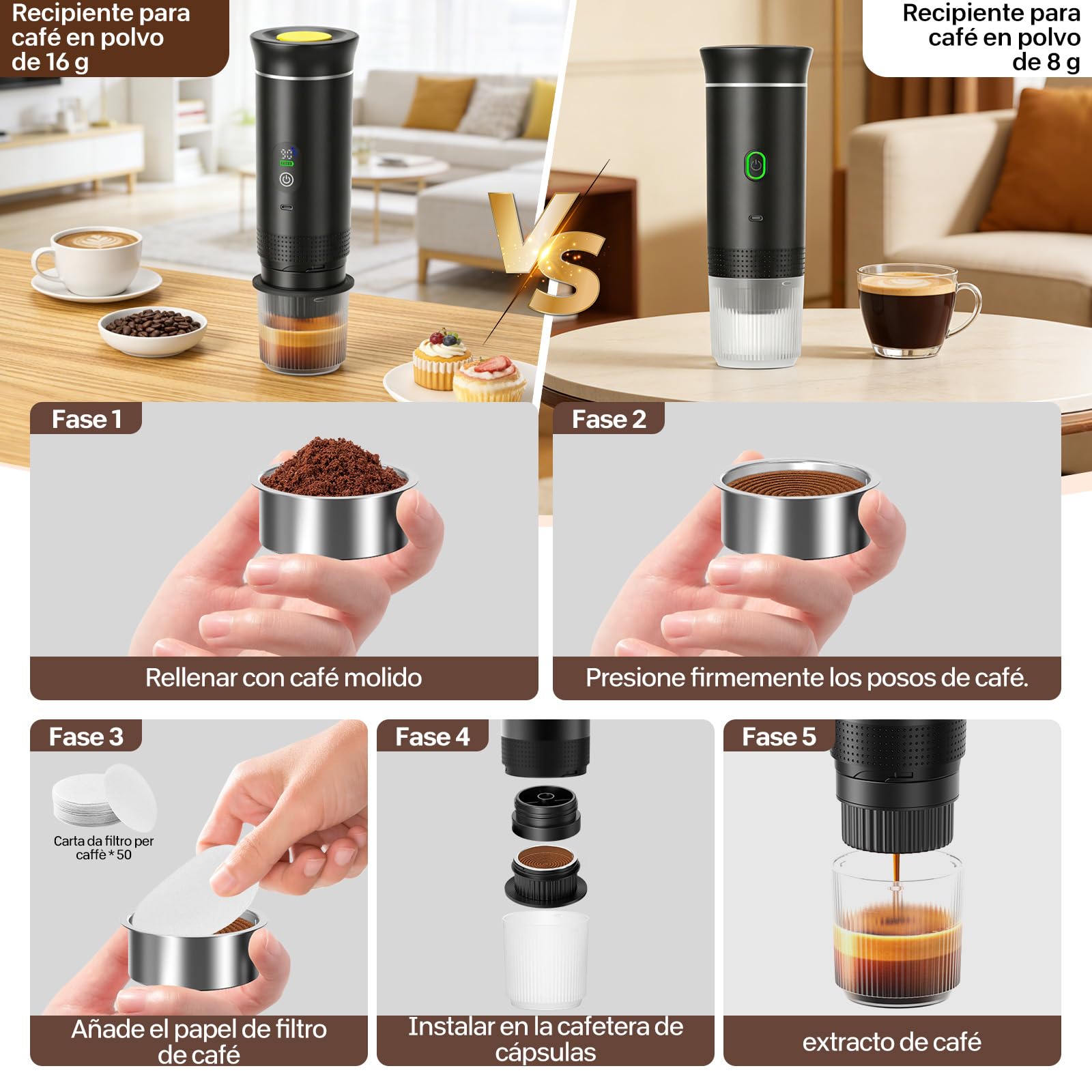 VHV Cafetera portátil 3 en 1, cafetera recargable portátil de viaje, máquina de café expreso de 12 V para cápsulas, café molido, para camping, oficina, viaje, casa, coche (negro)