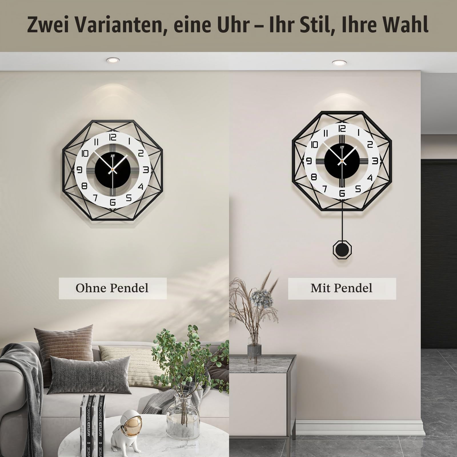 Wanduhr Groß Modern Schwarz für Wohnzimmer Holz ohne Tickgeräusche | 43cm Uhrwerk für Wanduhr mit Pendel Lautlos ohne ticken , pendeluhr wanduhr aus Metall für Schlafzimmer Küche Dekorative