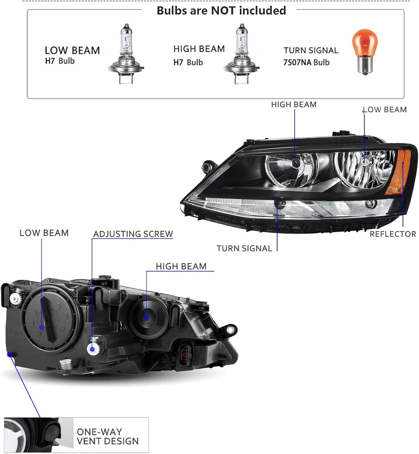 Headlights Assembly Compatible with 11-18 Volkswagen Jetta MK6 Head Lamp Halogen Model Replacement Black Housing Amber Corner