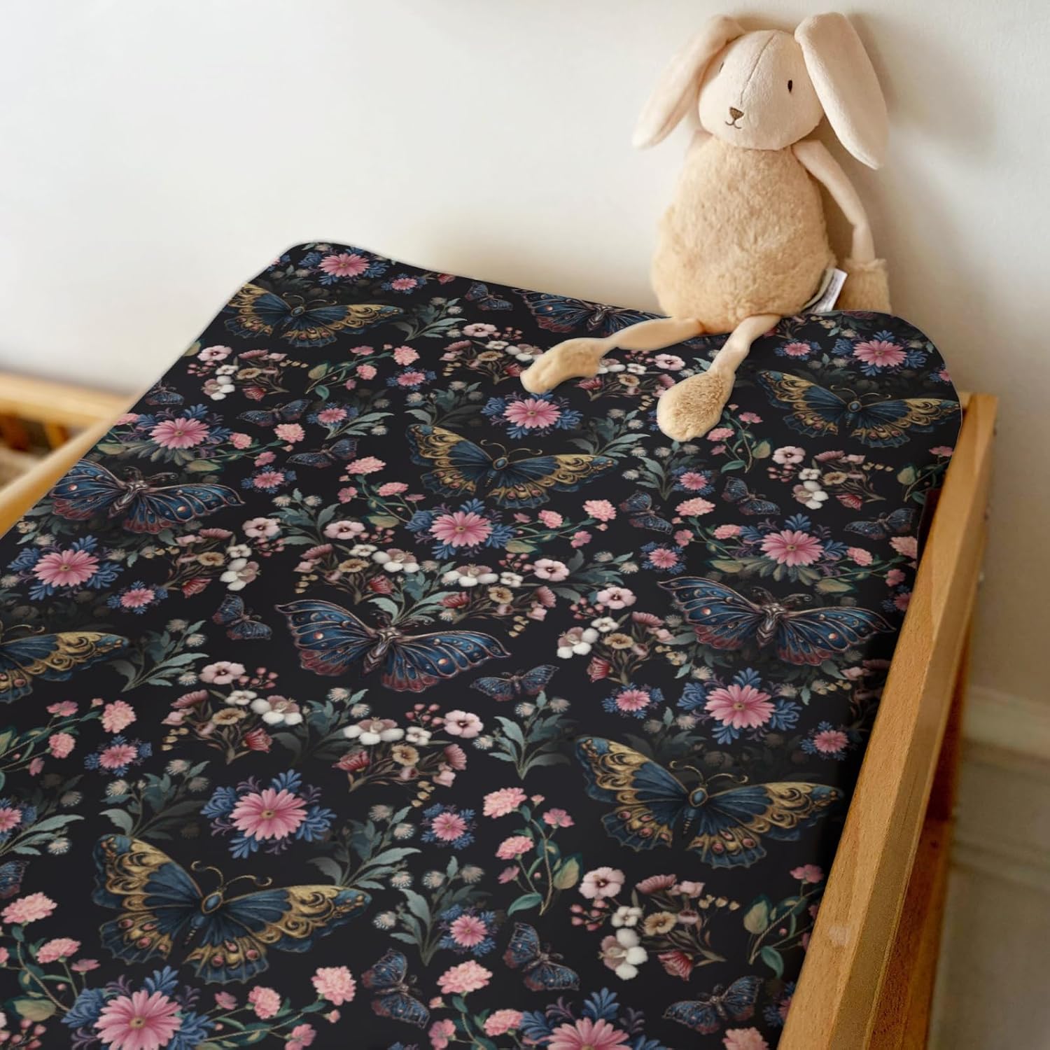 Mystical Moth Floral Baby Changing Pad Covers for Boy Girl Whimsical Moth Flowers Fitted Changing Table Cover Mats Fantasy Night Garden Soft Diaper Change Table Sheets for 32''×16'' Contoured Pad