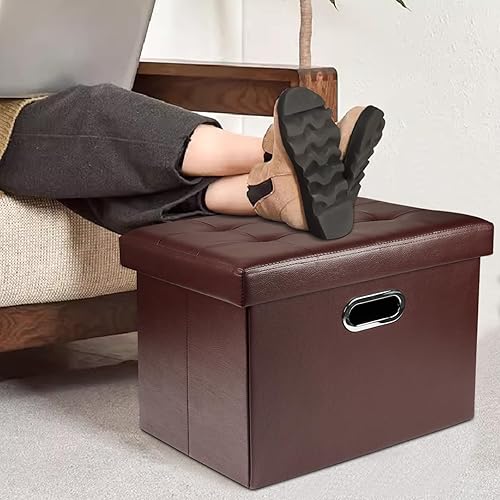 Miniatura 2 de Bsketa Otomana de almacenamiento, taburete plegable con asiento acolchado de espuma más gruesa, banco otomano de almacenamiento de cuero, reposapiés