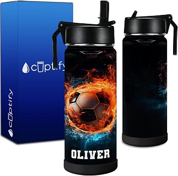 Personalized Kids Water Bottle with Name - Custom Soccer Fire and Ice Sport Bottle 18 oz with Straw Lid - Insulated Stainless Steel Tumbler for Back to School