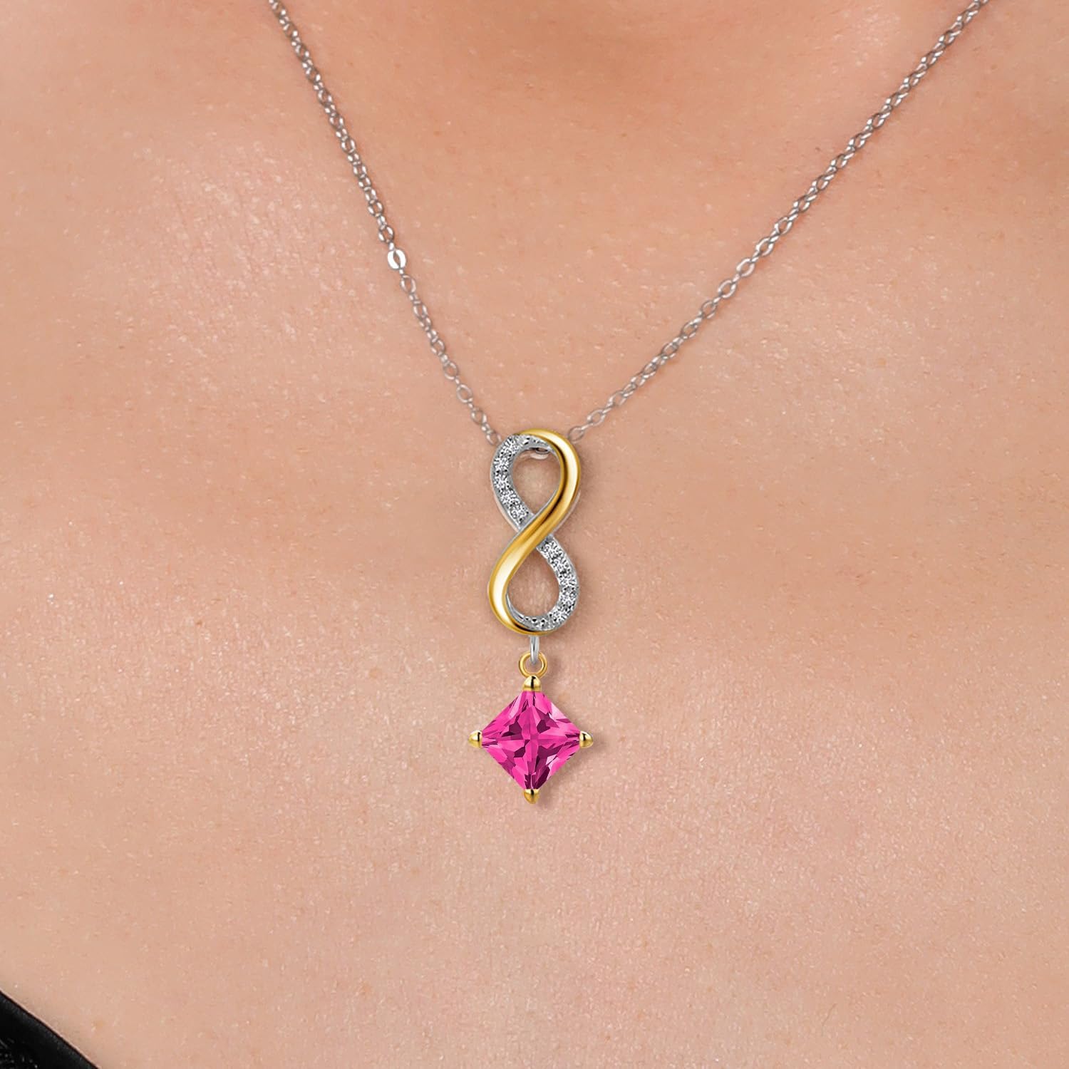 Gem Stone King 925 Silver and 10K Yellow Gold Pink Mystic Topaz and Lab Grown Diamond Pendant Necklace for Women | 1.68 Cttw | Gemstone November Birthstone | Princess 5MM | With 18 Inch Chain - Image 3