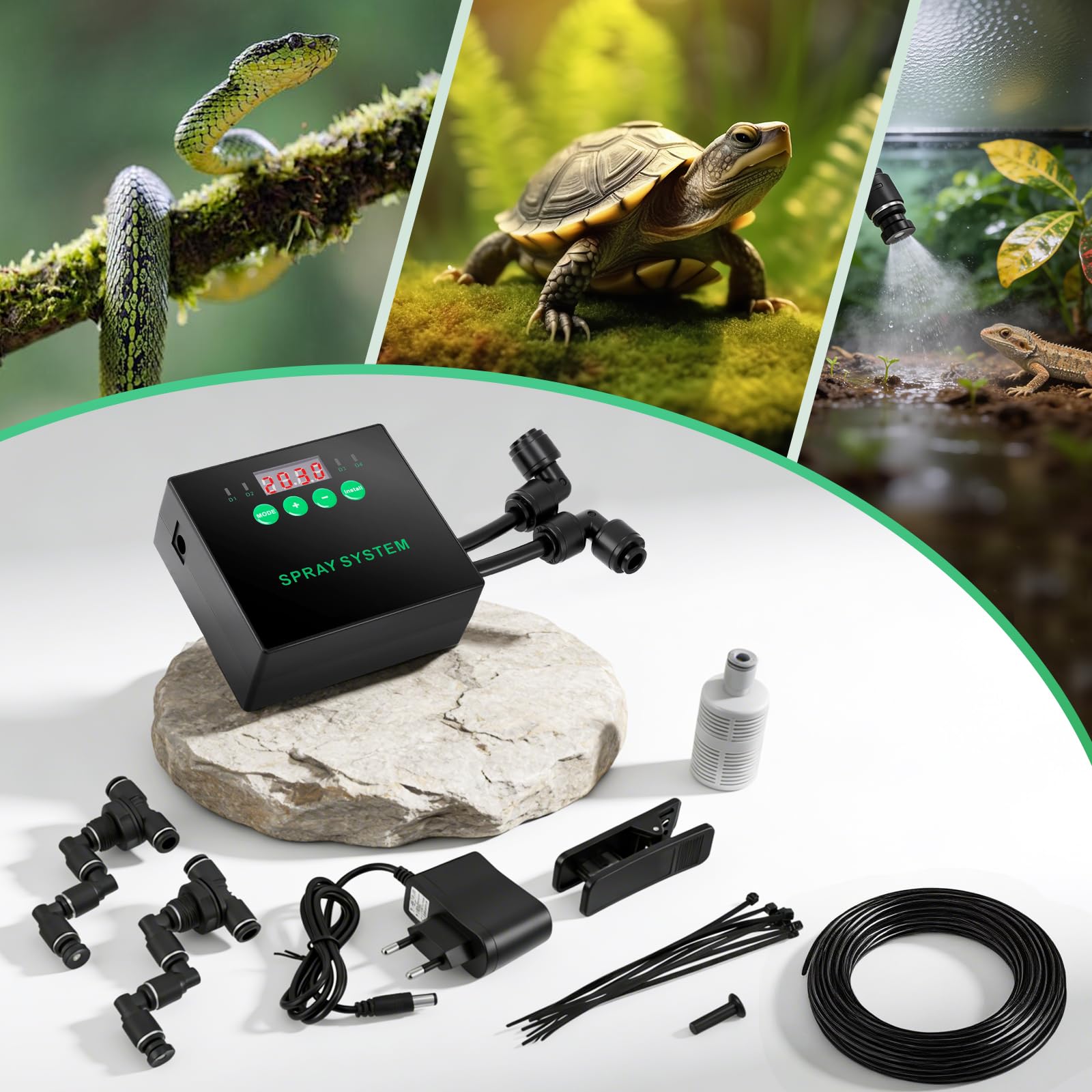 Système intelligent de brumisation des reptiles - Humidificateur pour reptiles - Système de brume pour terrarium avec buses de pulvérisation à 360° et minuterie pour fleurs, forêt tropicale