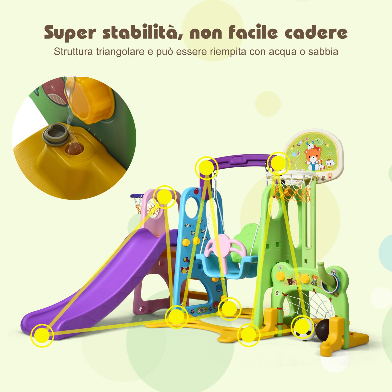 RELAX4LIFE 6 en 1 Tobogán Infantil para Niños, Parque Infantil con Tobogán, Columpio y Canasta Baloncesto, Juego de Toboganes para Niños 18 Meses-5 Años, Casitas Infantiles Interior (Púrpura+Verde)
