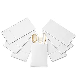 50-Pack Disposable Linen-Feel Dinner Napkins with Built-in Flatware Pocket, WHITE Prefolded Cloth Like Paper Napkins For Dinner, Wedding Or Party [Silverware NOT Included]