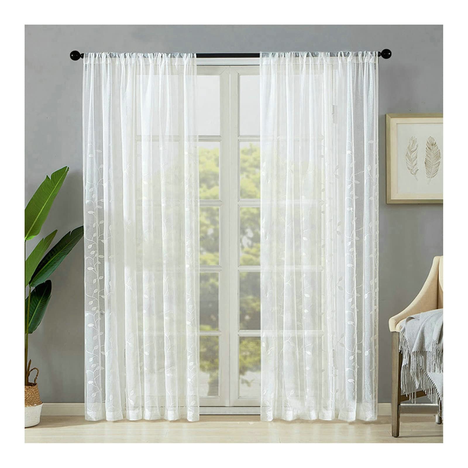 KnBoB 38x84 Sheer Curtain Set, Curtain Panels Set of Two Leaves Embroidered Polyester Sheer White Curtains 84 Inch Length 2 Panels Set Rod Pocket