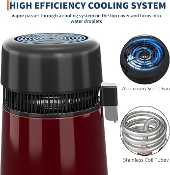 Water Distiller Countertop,4l /1.1 Gallon Stainless Steel Countertop Distiller Machine with Glass Carafe, 750w Drinking Purifier Filter Distilling Kit for Home Office,Red