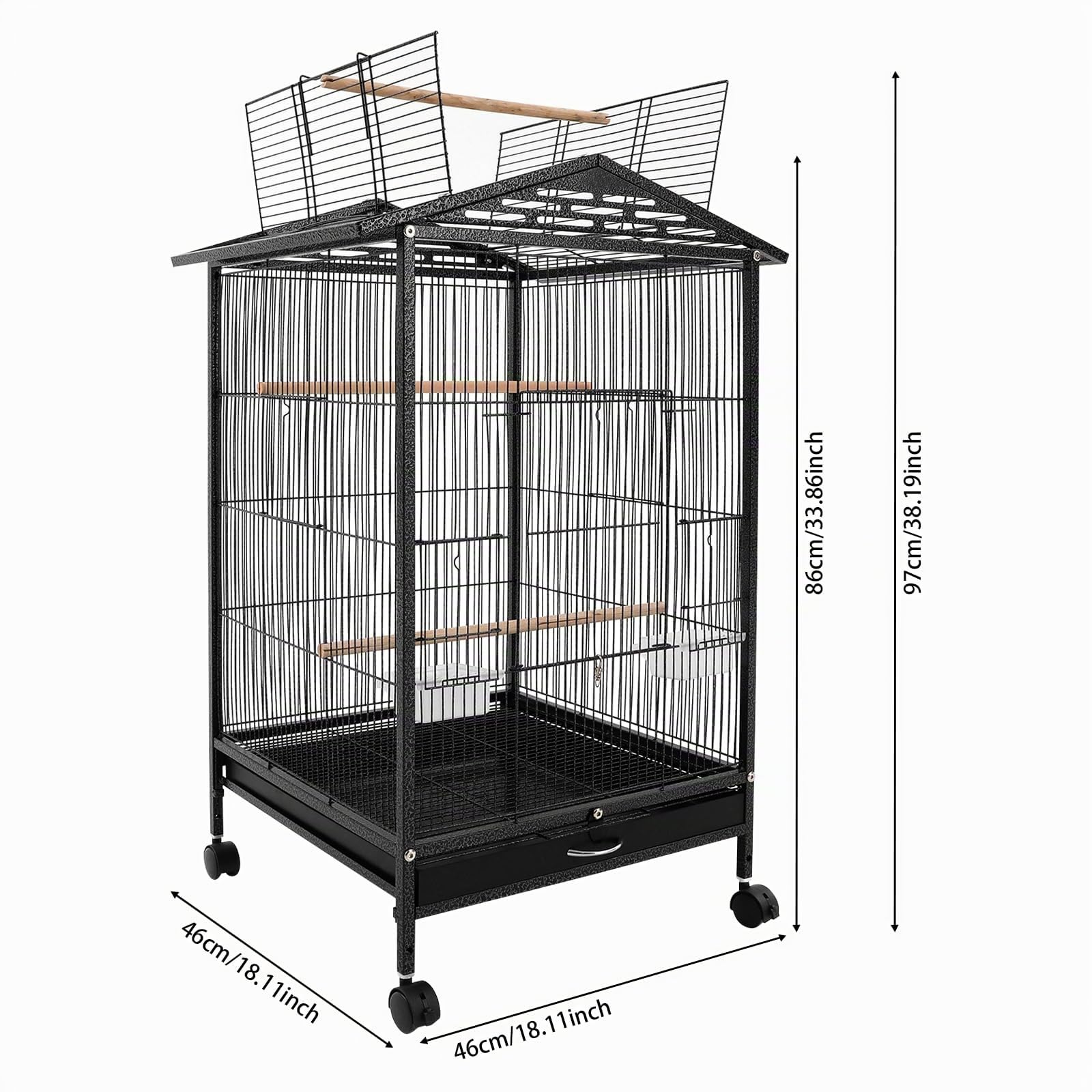 jaula grande independiente para pájaros, aviario con 4 ruedas, jaula para pájaros con bandeja para suciedad, barras de percha, jaulas de hierro para pájaros, jaula para periquitos, negro