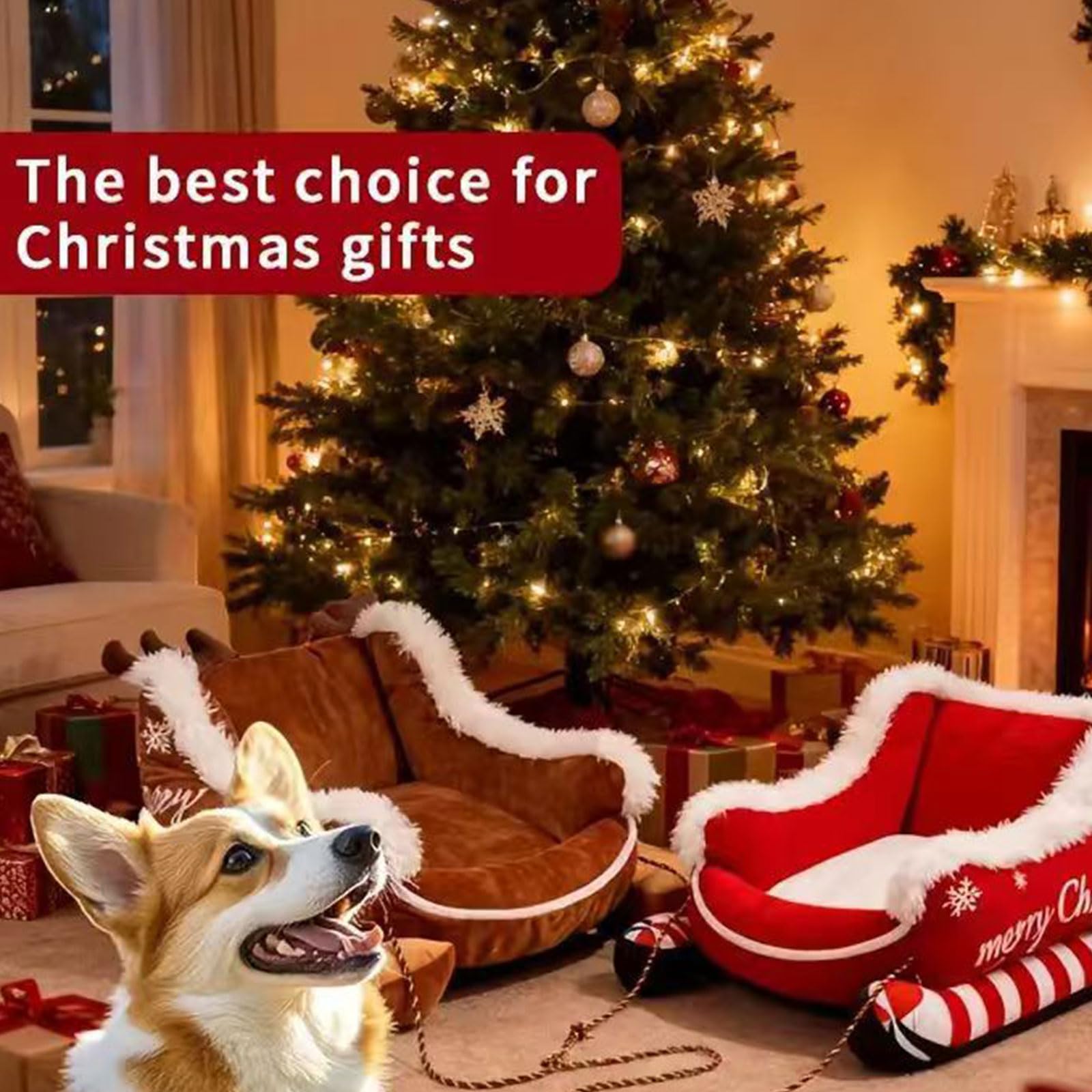 Letto per cani a slitta natalizia con copertura in pelo, morbido nido spesso per cani a pelo lungo, divano per cani da slitta di Natale con copertura in pelo, morbido divano per cani a pelo