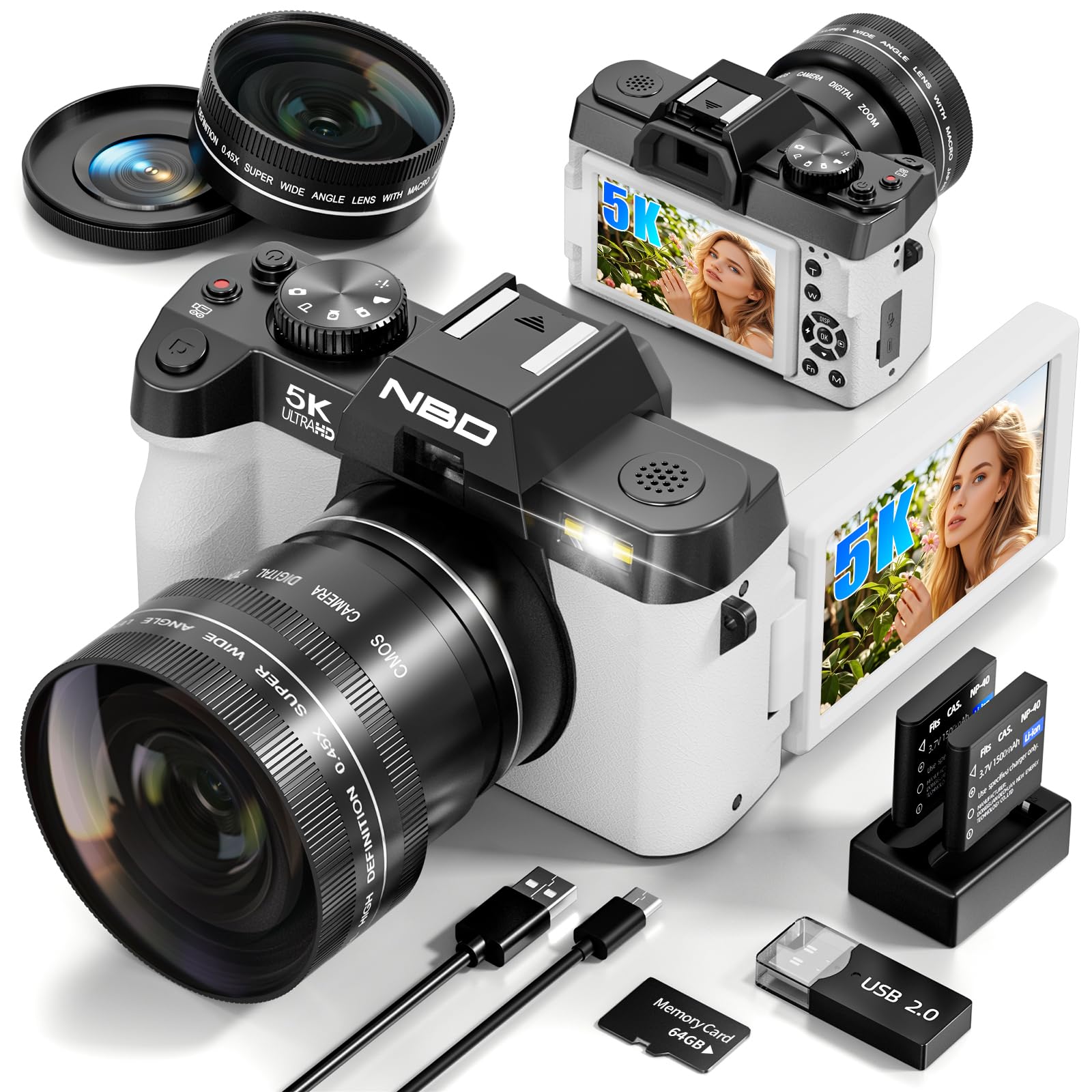 5K Digital Camera 64MP — 16X Zoom, WiFi, with 64GB TF Card