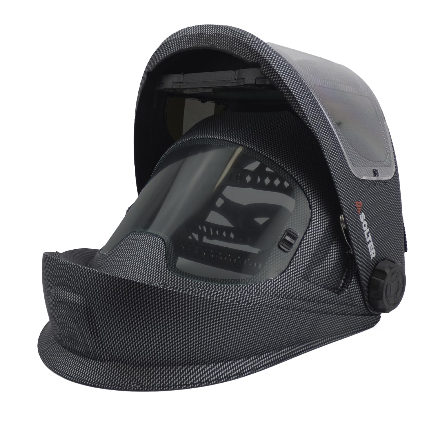 Solter - Pantalla Soldadura HELLMET R-30 Flip-Up Visión Panorámica, True Color, Memory System, Regulación Digital LCD, Auto-DIN, Modo Amolado, 5 Sensores de Luz, Comfort Plus, Accesorios Profesionales